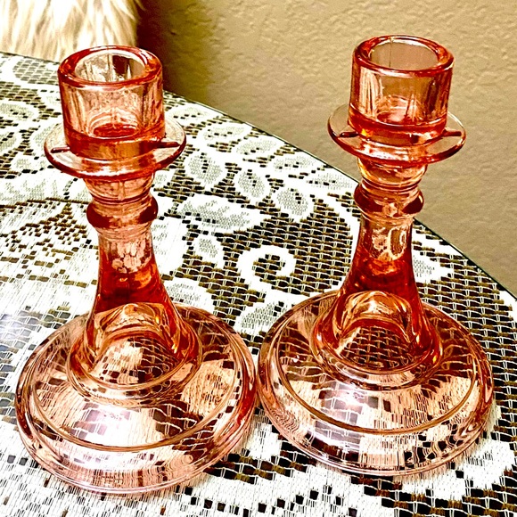 VINTAGE PINK DEPRESSION GLASS CANDLE STICK HOLDERS